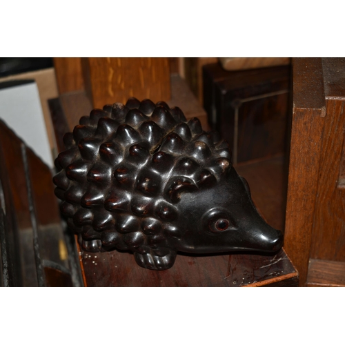 596 - THREE BOXES OF TREEN AND ASSORTED CUTLERY, to include a vintage ceramic hedgehog money box, a hinged... 