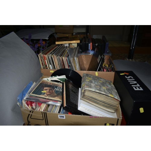 599 - THREE BOXES OF ELVIS PRESLEY LPs, TAPE CASSETTES, 45RPM AND 45E.P RECORDS, over one hundred assorted... 