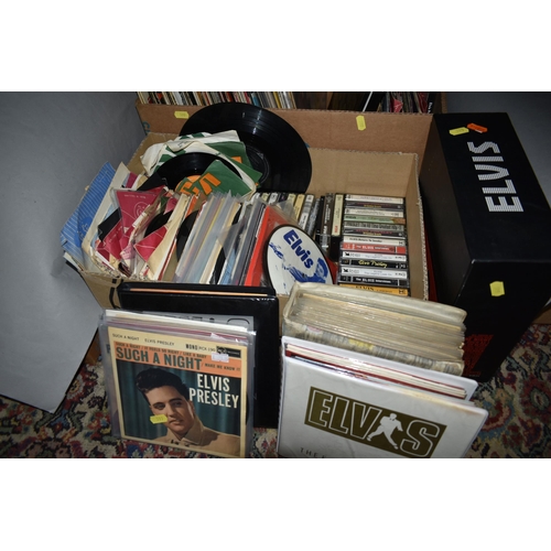 599 - THREE BOXES OF ELVIS PRESLEY LPs, TAPE CASSETTES, 45RPM AND 45E.P RECORDS, over one hundred assorted... 