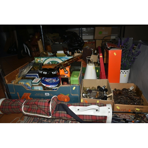 600 - FIVE BOXES OF ASSORTED SUNDRIES, VINTAGE TINS AND CLOCKS, a large collection of vintage advertising ... 