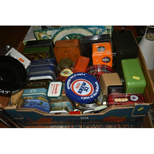 600 - FIVE BOXES OF ASSORTED SUNDRIES, VINTAGE TINS AND CLOCKS, a large collection of vintage advertising ... 