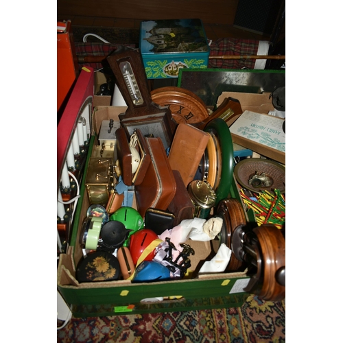 600 - FIVE BOXES OF ASSORTED SUNDRIES, VINTAGE TINS AND CLOCKS, a large collection of vintage advertising ... 