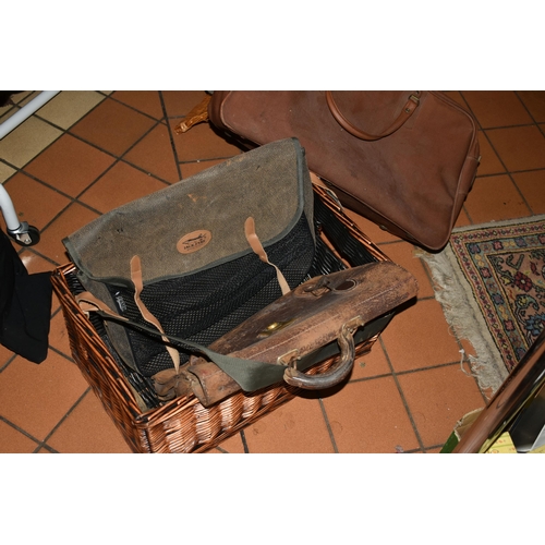 603 - TWO BASKETS AND LOOSE MEN'S CLOTHING AND BAGS, to include a Ryder & Amies academic gown, a charcoal ... 