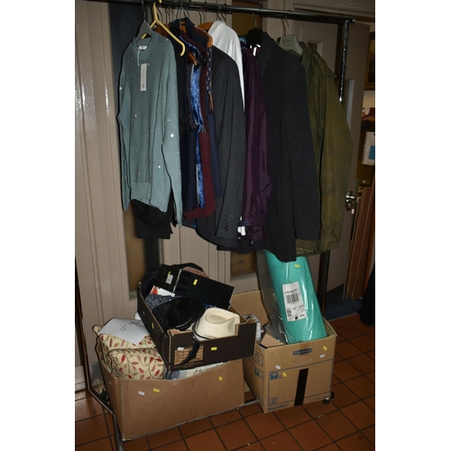 604 - THREE BOXES AND LOOSE CLOTHING, ACCESSORIES AND HOMEWARES, to include a pale air force blue ladies j... 