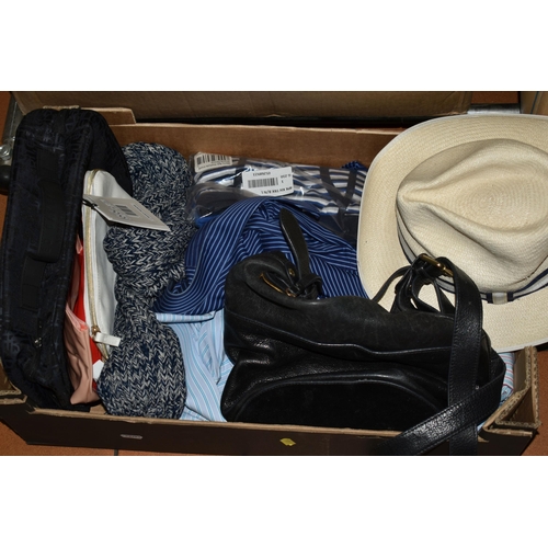 604 - THREE BOXES AND LOOSE CLOTHING, ACCESSORIES AND HOMEWARES, to include a pale air force blue ladies j... 