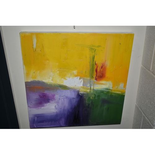 605 - PICTURES AND PRINTS ETC, to include an unsigned abstract oil on box canvas, approximate size 51cm x ... 