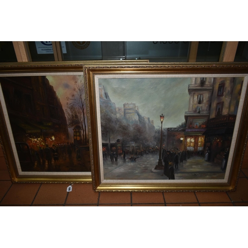 606 - TWO LATER 20TH CENTURY NOSTALGIC FRENCH STREET SCENES, unsigned oils on canvas, approximate size 50c... 