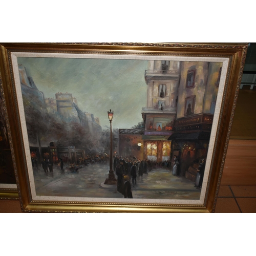 606 - TWO LATER 20TH CENTURY NOSTALGIC FRENCH STREET SCENES, unsigned oils on canvas, approximate size 50c... 