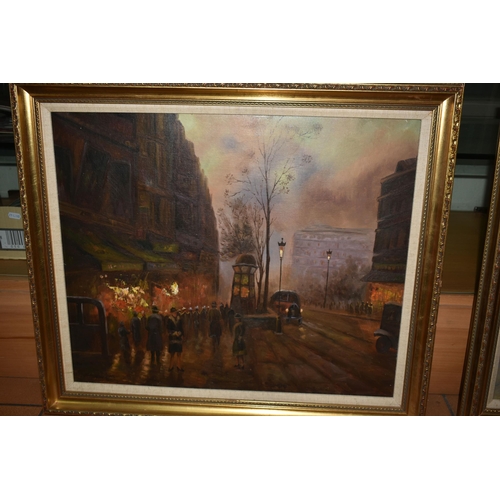 606 - TWO LATER 20TH CENTURY NOSTALGIC FRENCH STREET SCENES, unsigned oils on canvas, approximate size 50c... 