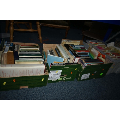 630 - FOUR BOXES OF BOOKS AND MAPS, containing over 100 book titles in hardback and paperback formats, sub... 