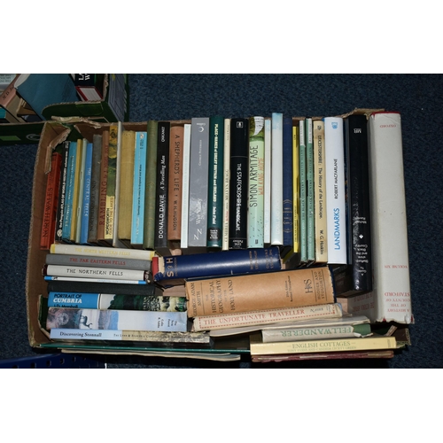 630 - FOUR BOXES OF BOOKS AND MAPS, containing over 100 book titles in hardback and paperback formats, sub... 