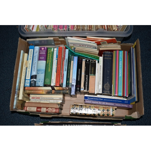 630 - FOUR BOXES OF BOOKS AND MAPS, containing over 100 book titles in hardback and paperback formats, sub... 