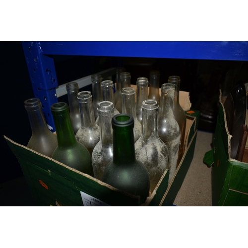 631 - THREE BOXES AND LOOSE  BOTTLES AND SUNDRY ITEMS, to include four stoneware bottles, three of which a... 