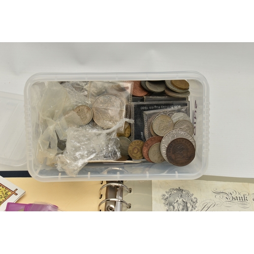 237 - A BOX WITH A SMALL AMOUNT OF COINAGE AND BANKNOTE ALBUM, to include a Beale white Five Pounds May 21... 