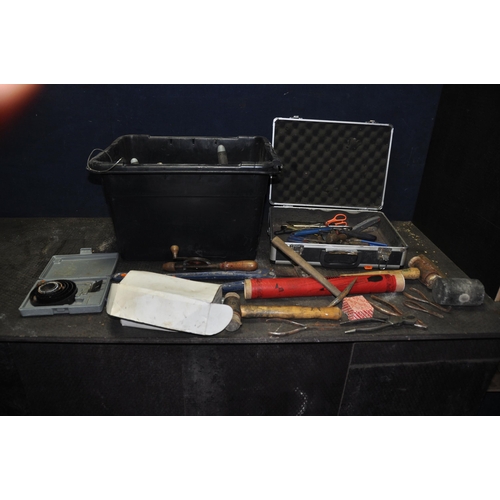 1105 - A TRAY AND A CASE CONTAINING TOOLS AND HARDWARE including files, tin snips, pliers, a Faithful bolt ... 