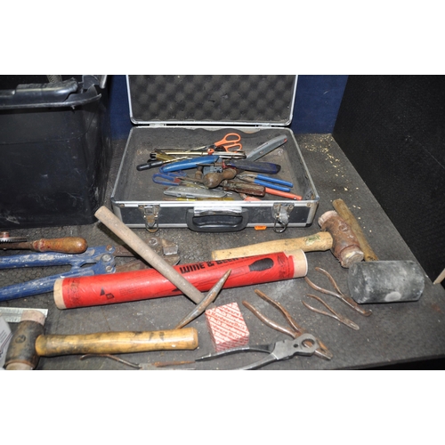 1105 - A TRAY AND A CASE CONTAINING TOOLS AND HARDWARE including files, tin snips, pliers, a Faithful bolt ... 