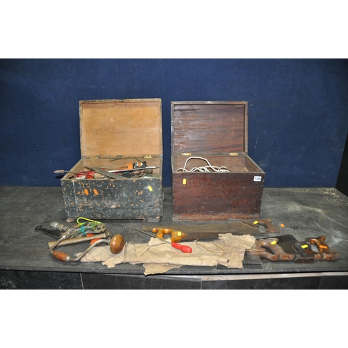 1109 - TWO VINTAGE WOODEN BOXES ONE WITH A DRAWER width 44cm x depth 31cm x height 26cm containing hand too... 