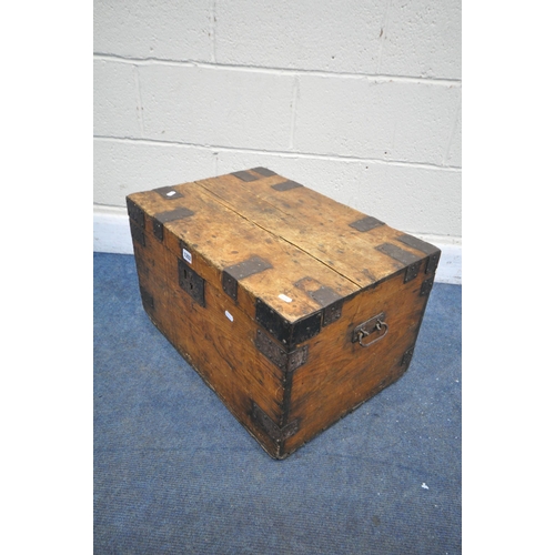 1202 - A VINTAGE PINE AND METAL BANDED TRUNK, with metal handles, width 61cm x depth 42cm x height 37cm (co... 