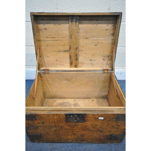 1202 - A VINTAGE PINE AND METAL BANDED TRUNK, with metal handles, width 61cm x depth 42cm x height 37cm (co... 