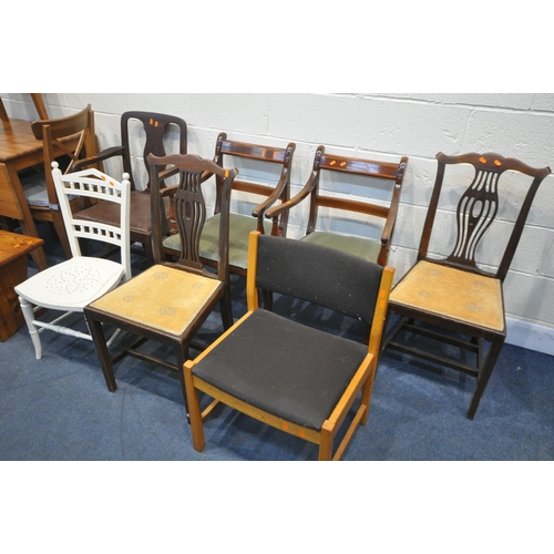 1277 - A MODERN PINE DROP LEAF TABLE, with three pine chairs, a pine bench, along with seven various chairs... 