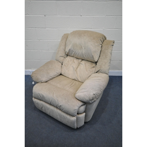 1281 - A FAUX SUEDE RECLINER ARMCHAIR, width 110cm x depth 106cm x height 110cm, along with a matching stor... 