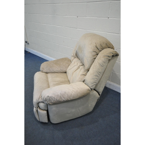 1281 - A FAUX SUEDE RECLINER ARMCHAIR, width 110cm x depth 106cm x height 110cm, along with a matching stor... 