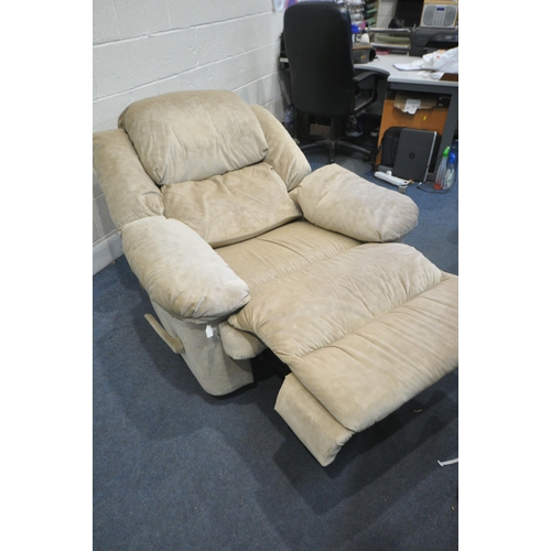 1281 - A FAUX SUEDE RECLINER ARMCHAIR, width 110cm x depth 106cm x height 110cm, along with a matching stor... 