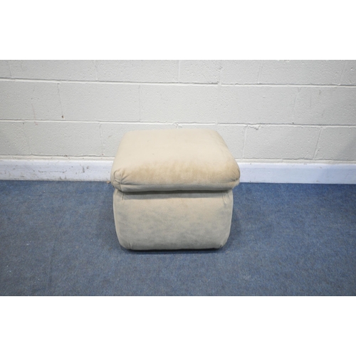 1281 - A FAUX SUEDE RECLINER ARMCHAIR, width 110cm x depth 106cm x height 110cm, along with a matching stor... 