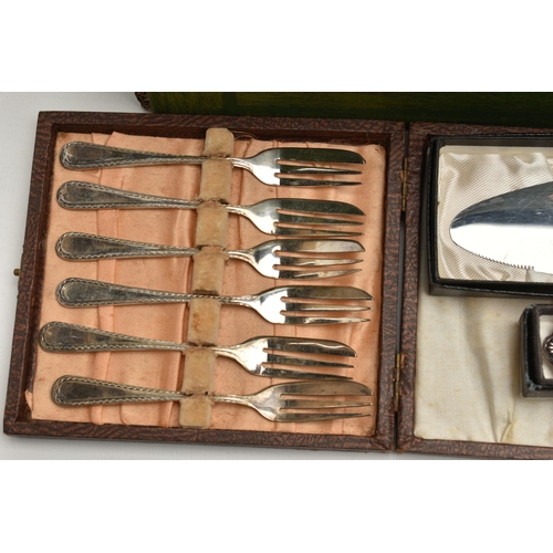 101 - A BOX OF ASSORTED WHITE METAL WARE, to include a boxed 'Viners' cake knife fitted with a kings patte... 