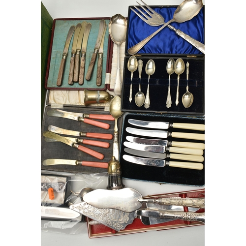 101 - A BOX OF ASSORTED WHITE METAL WARE, to include a boxed 'Viners' cake knife fitted with a kings patte... 