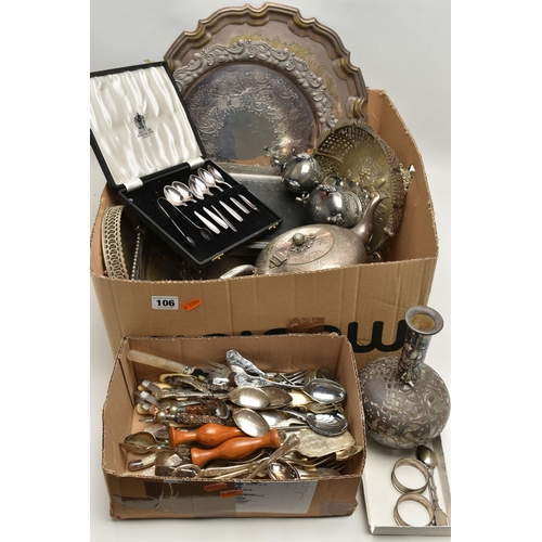 106 - A BOX OF ASSORTED WHITE METAL WARE, to include an overlaid decanter, two silver napkin rings with an... 