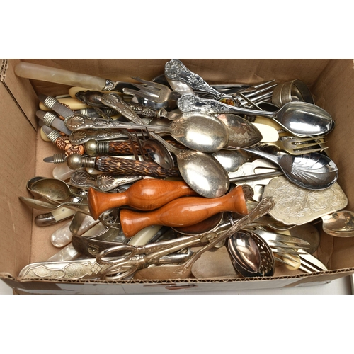 106 - A BOX OF ASSORTED WHITE METAL WARE, to include an overlaid decanter, two silver napkin rings with an... 