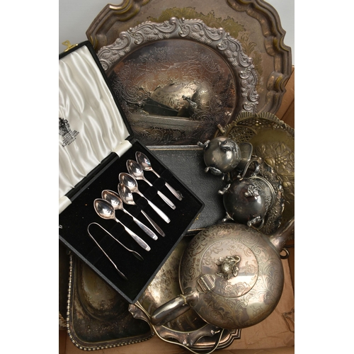 106 - A BOX OF ASSORTED WHITE METAL WARE, to include an overlaid decanter, two silver napkin rings with an... 