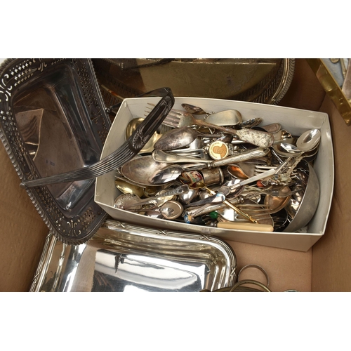 107 - A BOX OF ASSORTED WHITE METAL WARE, to include an entree dish with cover, tray with pierced rim, bas... 