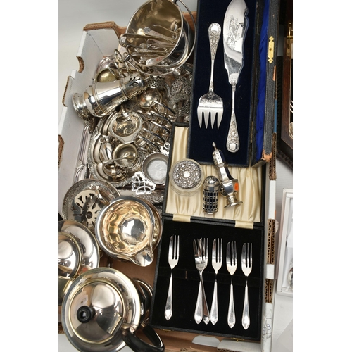 108 - A BOX OF SILVER AND SILVER PLATE AND AN OAK CASED CANTEEN OF OLD ENGLISH PATTERN SILVER PLATED CUTLE... 