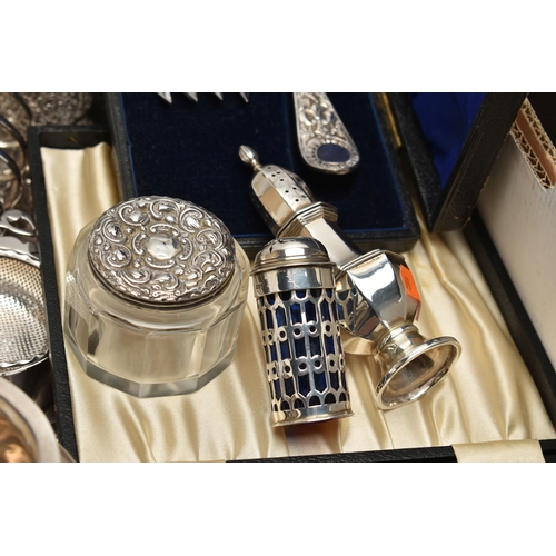 108 - A BOX OF SILVER AND SILVER PLATE AND AN OAK CASED CANTEEN OF OLD ENGLISH PATTERN SILVER PLATED CUTLE... 