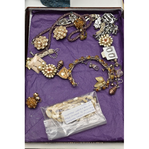 110 - A BOX OF ASSORTED COSTUME JEWELLERY, to include various beaded necklaces, imitation pearl necklaces,... 