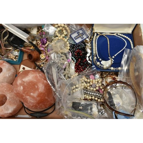 110 - A BOX OF ASSORTED COSTUME JEWELLERY, to include various beaded necklaces, imitation pearl necklaces,... 