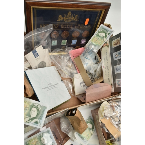 111 - A CARDBOARD BOX OF MIXED COINS AND BANKNOTES, to include Sommerset £1 notes some consecutive 3x Quee... 