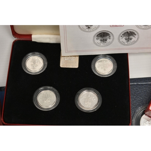 114 - A CARDBOARD BOX OF MAINLY SILVER AND SILVER PROOF COINAGE, to include a 1984-1987 Silver proof £1 fo... 