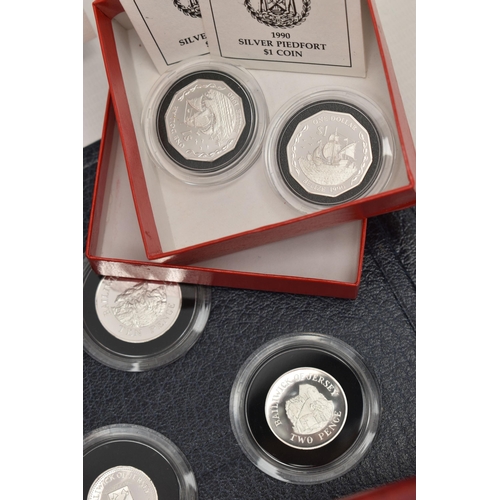 114 - A CARDBOARD BOX OF MAINLY SILVER AND SILVER PROOF COINAGE, to include a 1984-1987 Silver proof £1 fo... 