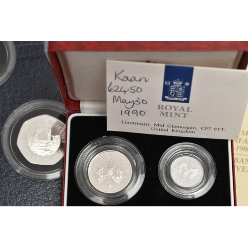 114 - A CARDBOARD BOX OF MAINLY SILVER AND SILVER PROOF COINAGE, to include a 1984-1987 Silver proof £1 fo... 