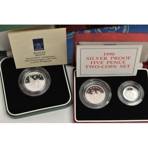 114 - A CARDBOARD BOX OF MAINLY SILVER AND SILVER PROOF COINAGE, to include a 1984-1987 Silver proof £1 fo... 