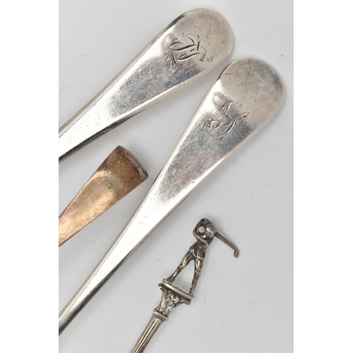 152 - TWO EARLY 19TH CENTURY OLD ENGLISH PATTERN SILVER TABLESPOONS BY THE BATEMAN FAMILY, TOGETHER WITH A... 