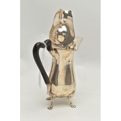 157 - AN EDWARDIAN SILVER HOT WATER JUG OF QUATREFOIL FORM, ebonised handle, on four cabriole legs with pa... 