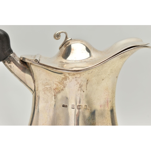 157 - AN EDWARDIAN SILVER HOT WATER JUG OF QUATREFOIL FORM, ebonised handle, on four cabriole legs with pa... 