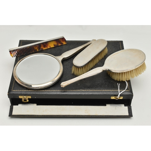 160 - A CASED MID 20TH CENTURY FOUR PIECE DRESSING TABLE SET, engine turned decoration, comprising hand mi... 