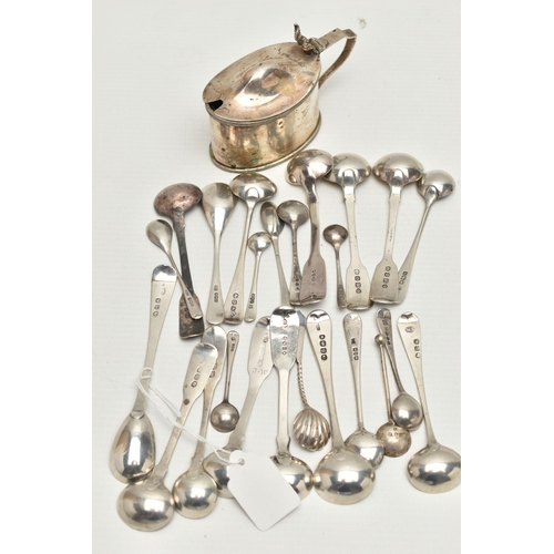 163 - A BAG CONTAINING TWENTY TWO SILVER CONDIMENT SPOONS, AN EPNS MUSTARD POT, A MINIATURE RATTAIL PATTER... 