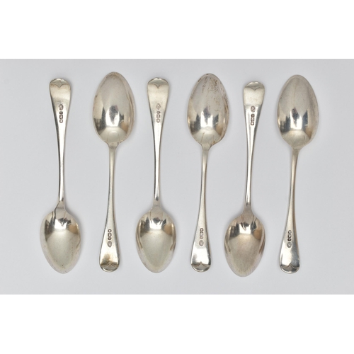 164 - A SET OF SIX LATE VICTORIAN SILVER OLD ENGLISH PATTERN DESSERT SPOONS, makers John Round & Son Ltd, ... 