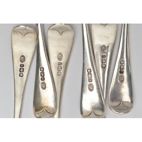 164 - A SET OF SIX LATE VICTORIAN SILVER OLD ENGLISH PATTERN DESSERT SPOONS, makers John Round & Son Ltd, ... 